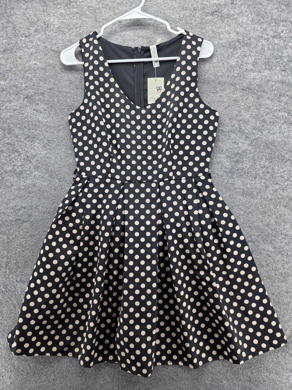 Pink Owl Dress Womens Small Black White Polka Dot Fit and Flare Sleeveless Retro